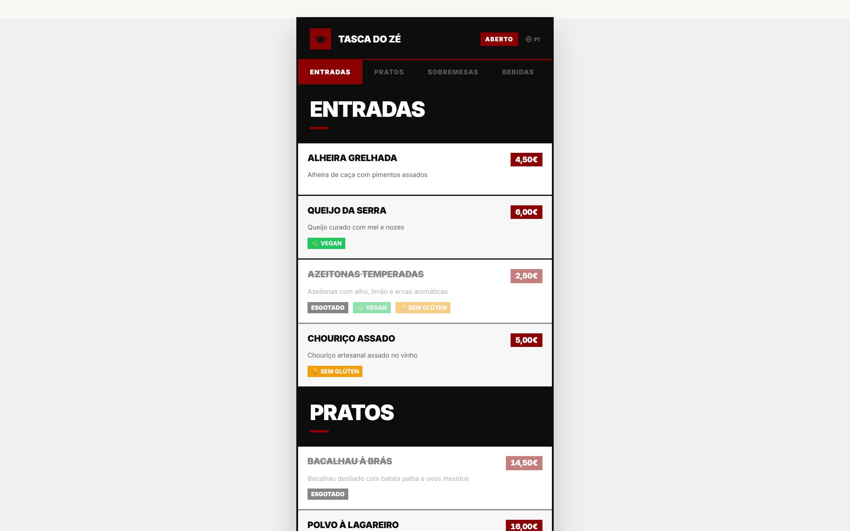 ScanBite live demo menu for Tasca do Zé